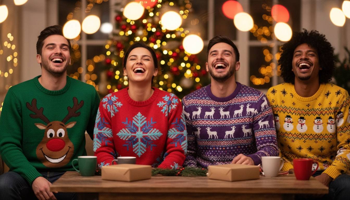 Vier lachende Freunde in bunten Ugly Christmas Sweatern mit Rentier-, Schneeflocken- und Schneemann-Motiven vor einem Weihnachtsbaum