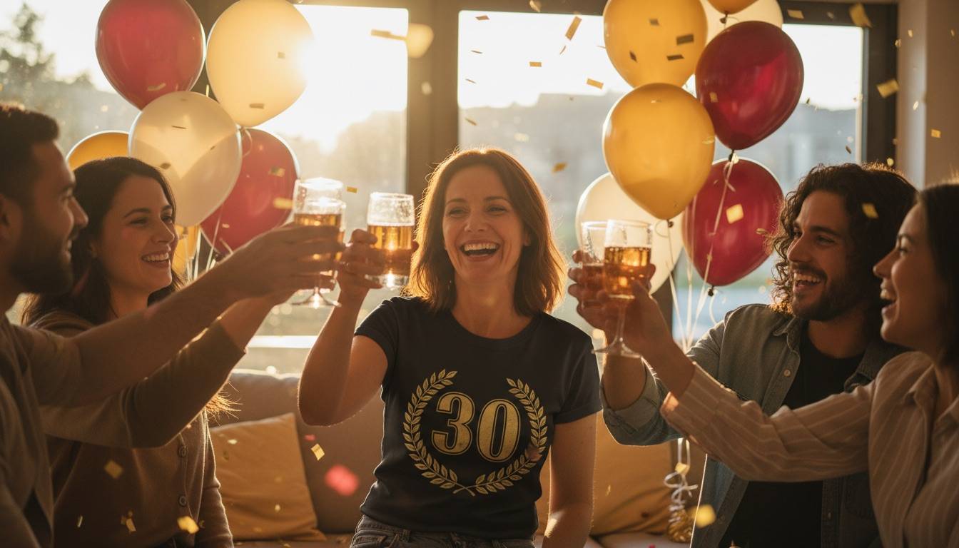 Geburtstagsshirt mit goldener 30 im Vintage-Design auf der Party Lachende Frau auf ihrer Geburtstagsfeier im schwarzen T-Shirt mit goldener Vintage-30 und Lorbeerkranz, Freunde stoßen mit Getränken an