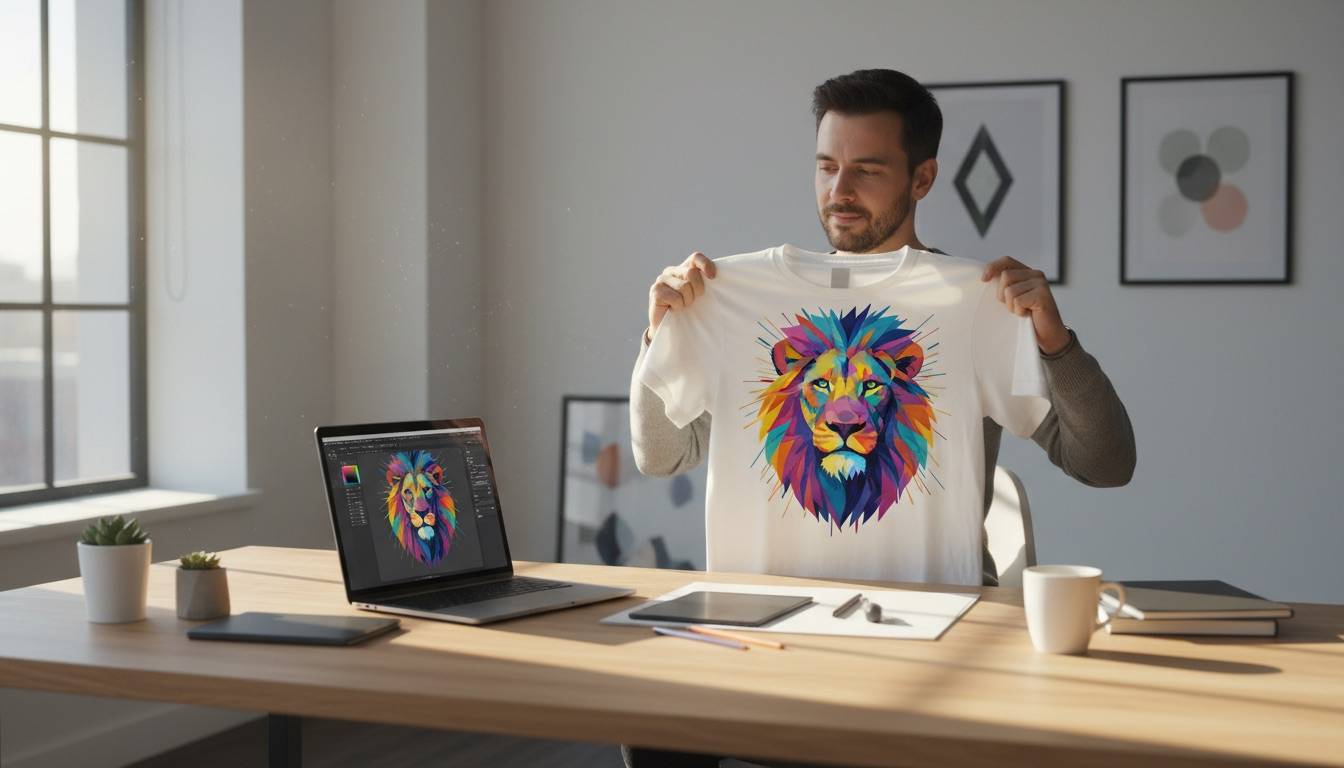 KI-generiertes Design auf T-Shirt gedruckt – Rechtefrage am Schreibtisch Junge Person hält ein frisch bedrucktes T-Shirt mit buntem KI-generierten Löwenkopf-Motiv, daneben Laptop mit demselben Design auf dem Bildschirm