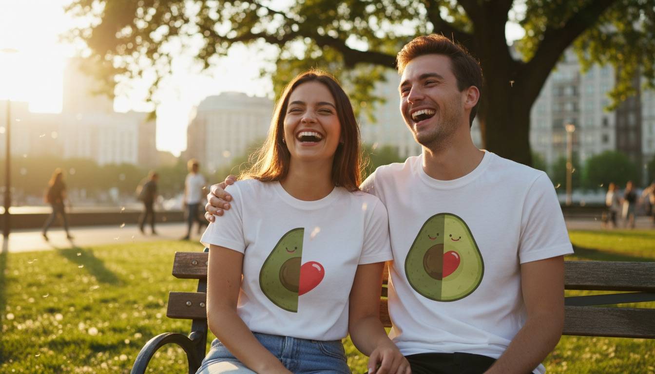 Pärchen im Partnerlook mit zweiteiligem Avocado-Motiv auf T-Shirts Lachendes Paar auf einer Parkbank in weißen T-Shirts mit zweigeteiltem Avocado-Motiv, das sich erst nebeneinander zum ganzen Bild ergänzt