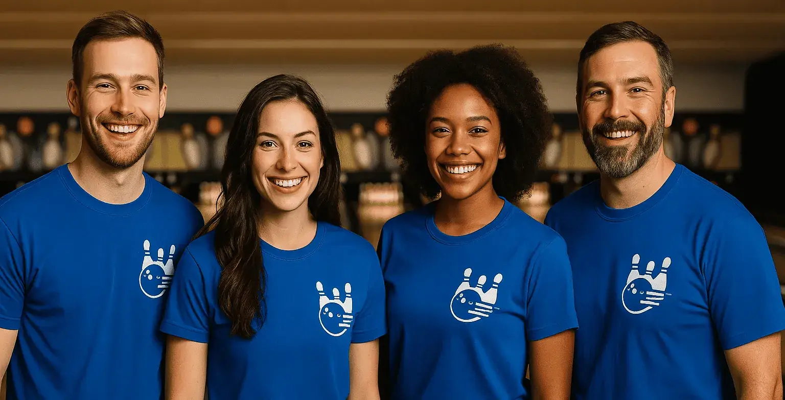 Bowling-Spieler in blauen Team-T-Shirts mit Logo auf Bowlingbahn – Vereins-Shirts, Teamkleidung, einheitlicher Auftritt