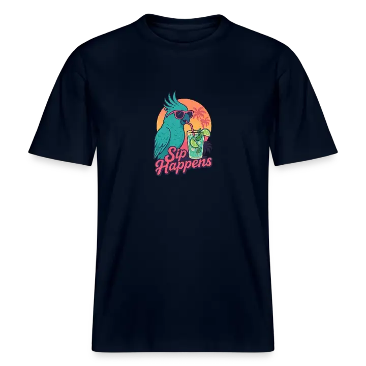 Retro T-Shirt mit Papagei und Cocktail, Neonfarben und Sip Happens Schriftzug im Tropical Sunset Look