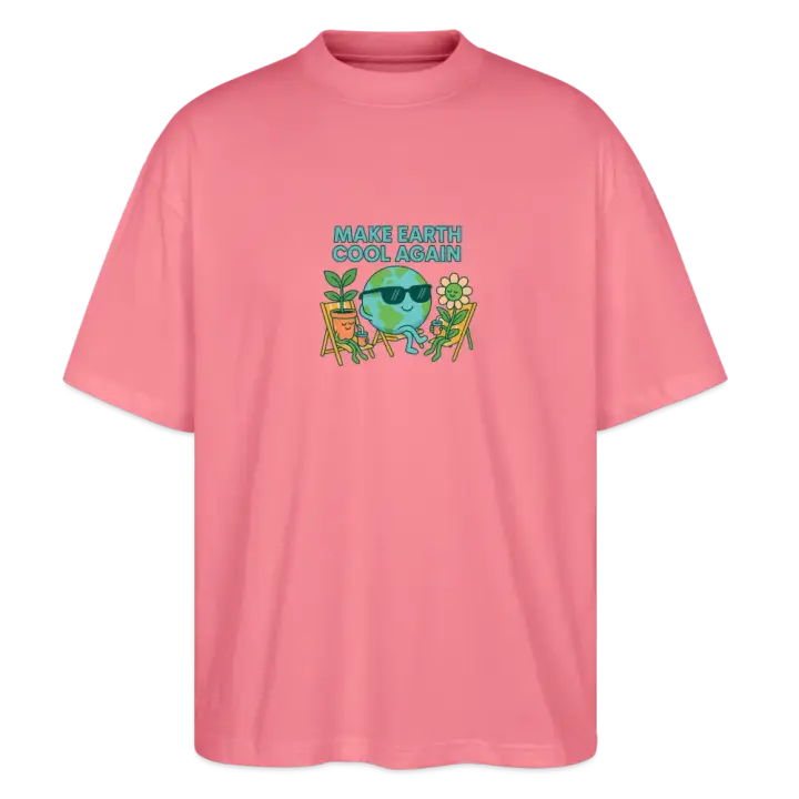 Pinkes Oversize T-Shirt mit Make Earth Cool Again Print: Erde mit Sonnenbrille und Pflanzen in Liegestühlen, nachhaltiger Eco-Cartoon