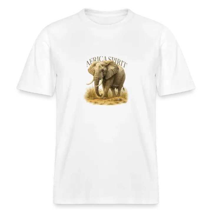 T-Shirt mit realistischer Elefanten Illustration und AFRICA SPIRIT Schriftzug in warmen Savannenfarben